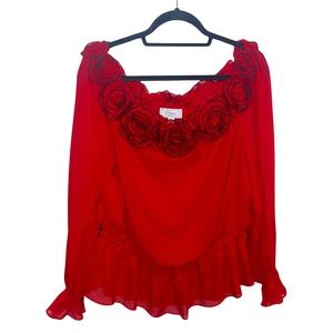Dressbarn Collection Chic Off The Shoulder Long Sleeve Blouse W/Floral Neckline